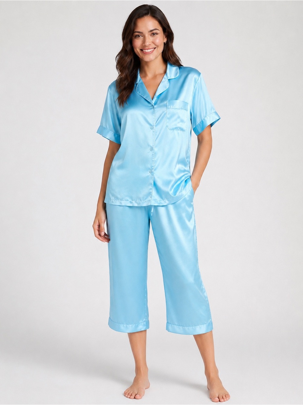 Cabernet pajama set two-piece ensemble light blue silky satin material medium